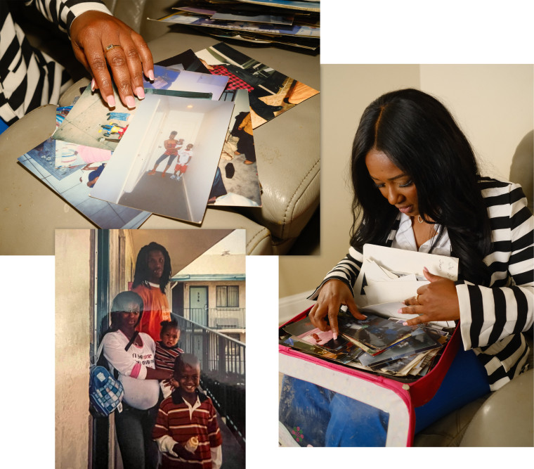 Lakeita Williams sorts through a collection of photos taken in the period immediately following the storm, on Aug. 23, 2025. Most of her family photos from before Katrina were lost in the flooding.