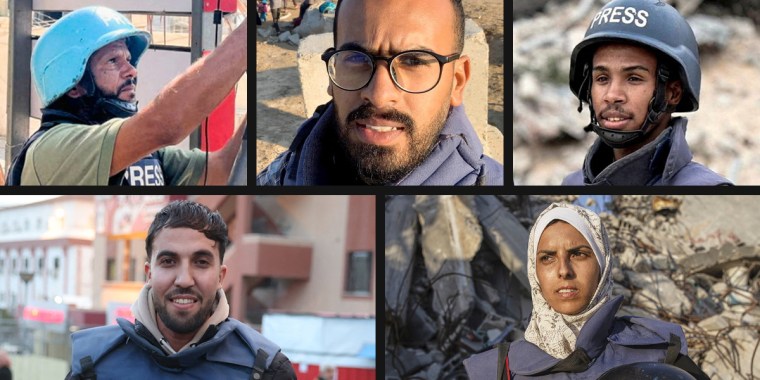 Los periodistas mataron una huelga israelí en el Hospital Nasser en Gaza. De izquierda a izquierda, en dirección a las agujas de un reloj: Hussam al-Masri; Ahmed Abu Aziz; Mohammed Salama; Mariam Dagga y Moaz Abu Taha.