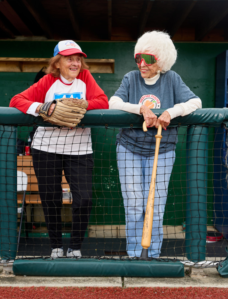Jeneane Lesko and Maybelle Blair, erstwhile All-American Girls Professional Baseball League players, were connected manus to watch try-outs.