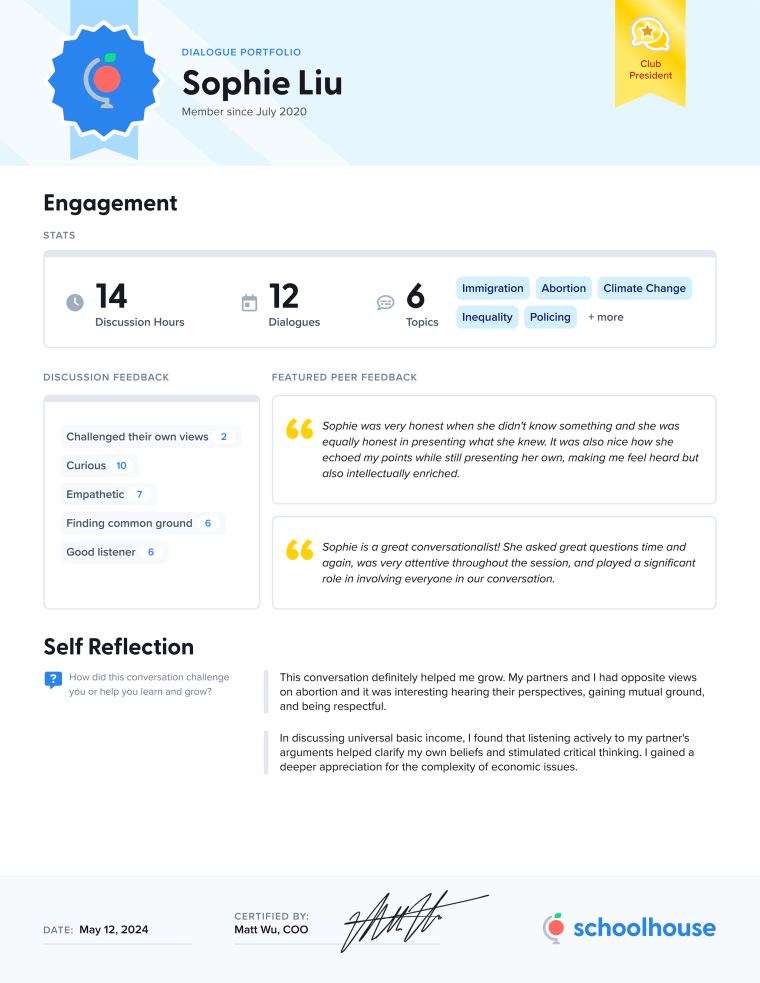 An example of a "Dialogue Portfolio" available to Schoolhouse users.