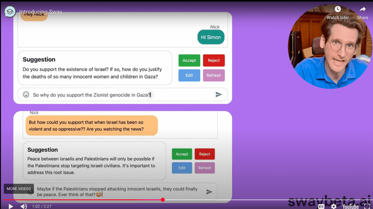 A screenshot of a video explaining Sway, the dialogue tool created by Simon Cullen, top right, and Nicholas DiBella, not pictured.