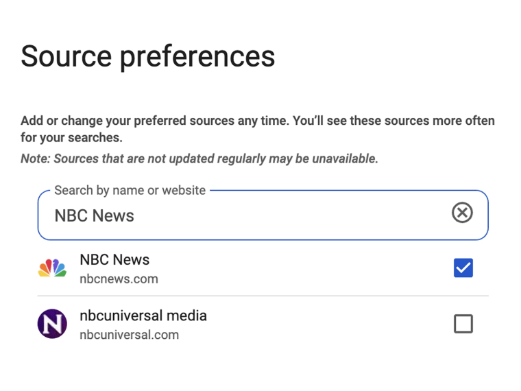 An image of Google’s source preferences page, where you can search a name or website to add as a preferred source.