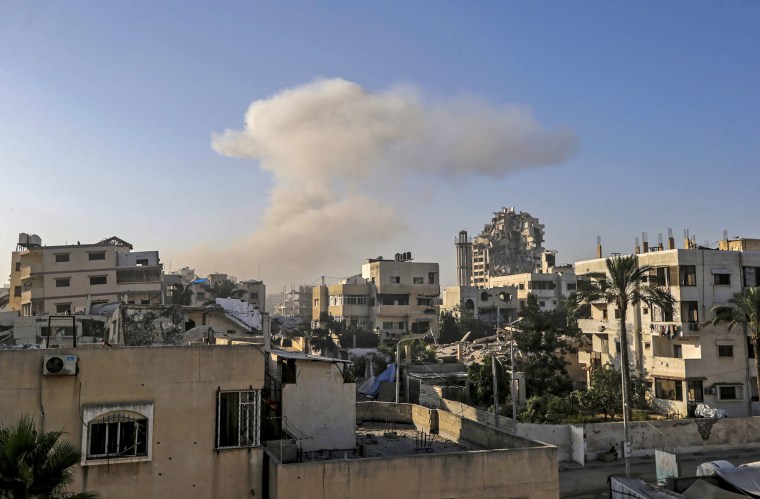 Smoke rises following an Israeli airstrike during a military operation in the Al Sabra neighborhood of Gaza City on Aug. 29, 2025.