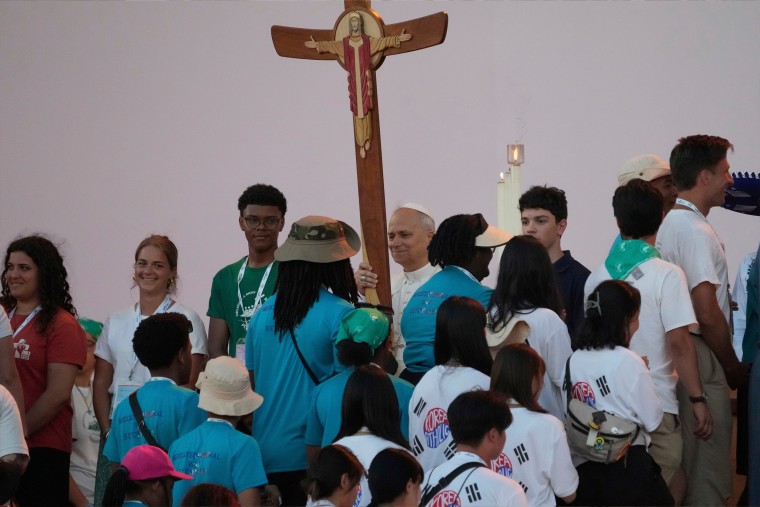 Pope Leo XIV holds prayer vigil with young people participating in the Youths Jubilee at the Tor Vergata field in Rome, Saturday, Aug. 2, 2025.