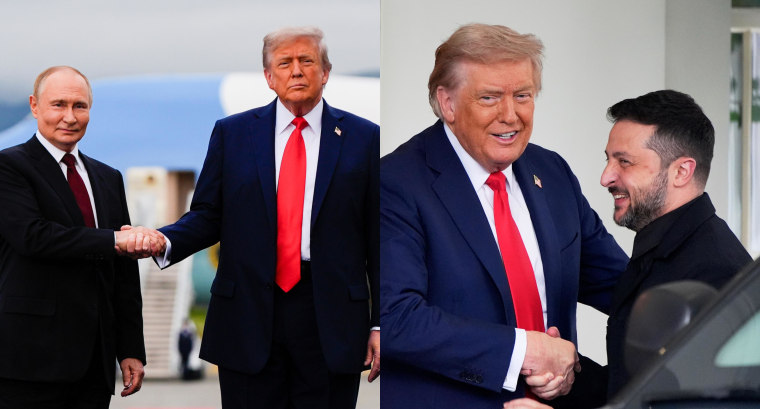 Trump recibiendo a Putin en Alaska (izquierda) y a Zelenskyy en la Casa Blanca. 
