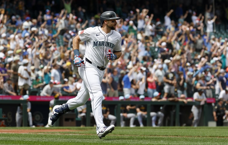 Cal Raleigh of the Seattle Mariners hits a home run against the Pittsburgh Pirates on July 4, 2025.