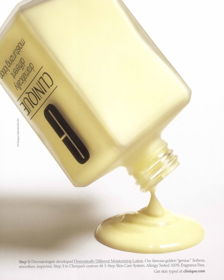 A Clinique advertisement for the Dramatically Different Moisturizing Lotion, the final product in a three-step skin care system pioneered by the brand.