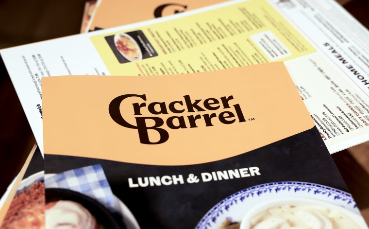 The new Cracker Barrel logo is seen on a menu.
