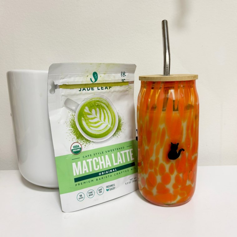 Anthropologie Icon Juice Glass Tumbler (Black Cat) with Jade Leaf Matcha Latte.