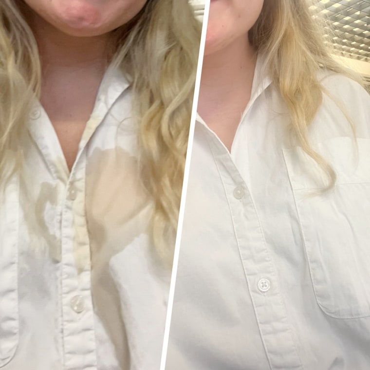 The coffee stain on writer Emma Stessman's white shirt disappeared after using the Puracy Stain Remover.