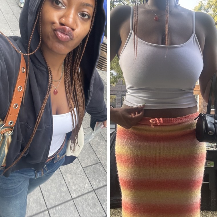 (L) An overhead selfie of Morris wearing the Tankair Studio tank with a sweater, jeans and an umbrella on a rainy day. (R ) Morris wearing the Studio Tank with pink and yellow fuzzy skirt and black bag on a sunny day.