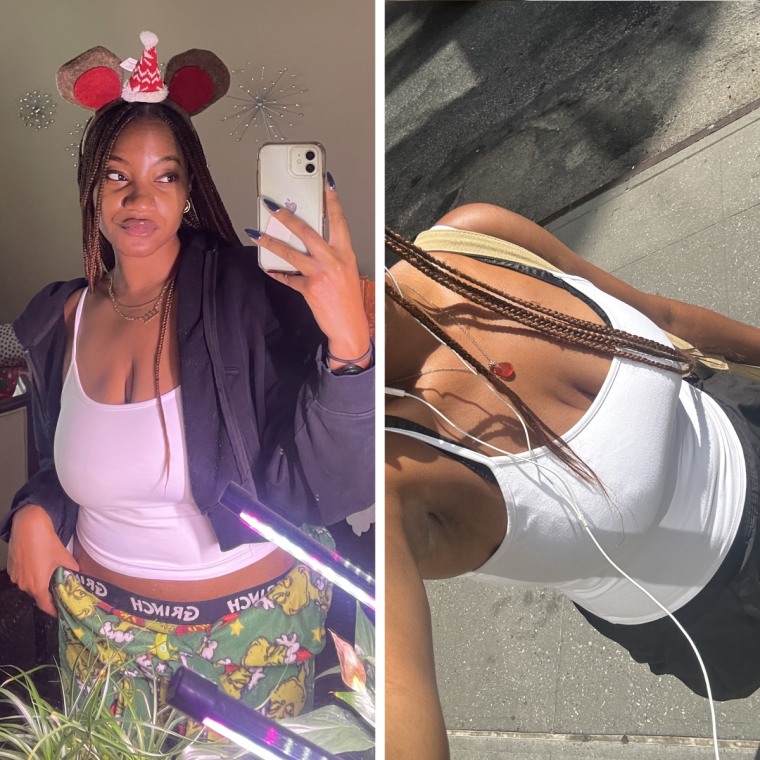 (L) Morris wearing the Tankair Studio tank with a hooded sweater, holiday pajamas and mouse ears. (R ) Morris wearing the Studio Tank on a sidewalk outside in the summertime.