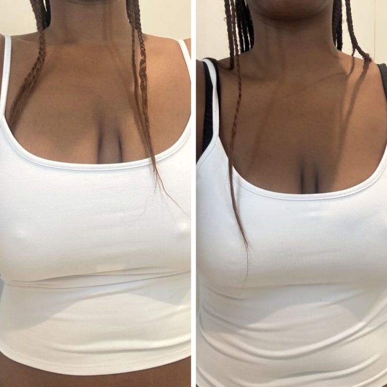(L) Morris wearing the Studio Tank without a bra; (R ) Morris wearing the Studio Tank with a bra.