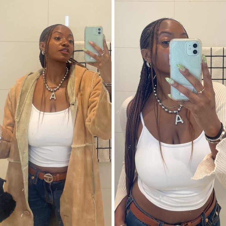 Morris wearing the Tankair Studio Tank in two mirror selfies; on the left with a brown coat, blue jeans, and a black bag; on the right with beige arm sleeves, blue jeans and a silver ‘A’ necklace.