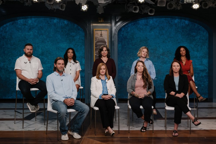 From back left, Sky Roberts, Amanda Roberts, Jess Michaels, Marikje Chartouni and Lisa Phillips and, from front left, Danny Wilson, Liz Stein, Wendy Avis and Jena-Lisa Jones at an NBC News studio Tuesday in Washington before recording of a segment with Hallie Jackson.
