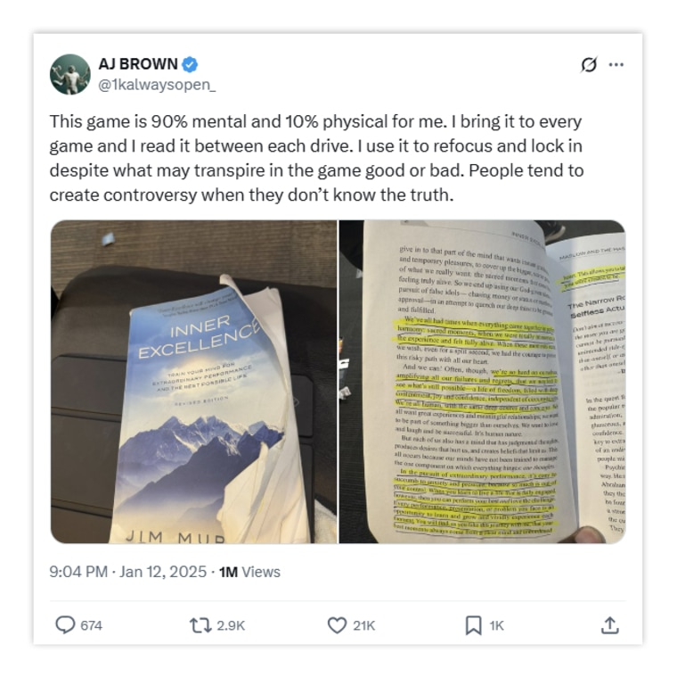 After Philadelphia's Jan. 12 playoff victory, receiver A.J. Brown posted his copy of "Inner Excellence" on social media.