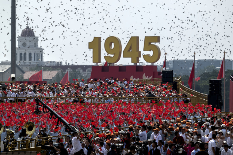 This year's parade carries heightened geopolitical weight with the attendance of 26 world leaders, including Russian President Vladimir Putin, North Korean leader Kim Jong Un, and Iranian President Masoud Pezeshkian, underlining China's diplomatic alliances as it presents itself as an alternative global leader. (Photo by Kevin Frayer/Getty Images)
