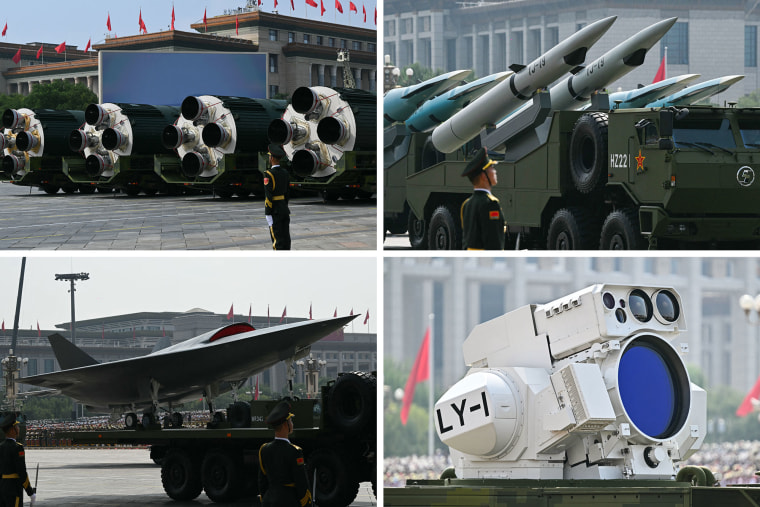 DF-5C intercontinental ballistic missiles, YJ-19 hypersonic cruise missiles, a subject people laser and an unmanned aerial vehicle.