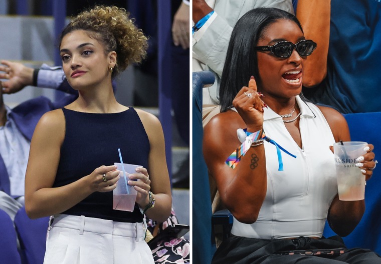 Gymnasts Laurie Hernandez and Simone Biles at the 2025 US Open.