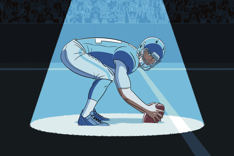 Illustration of a football player, sweating with a spotlight on him in a stadium of fans, about to snap a ball behind him,