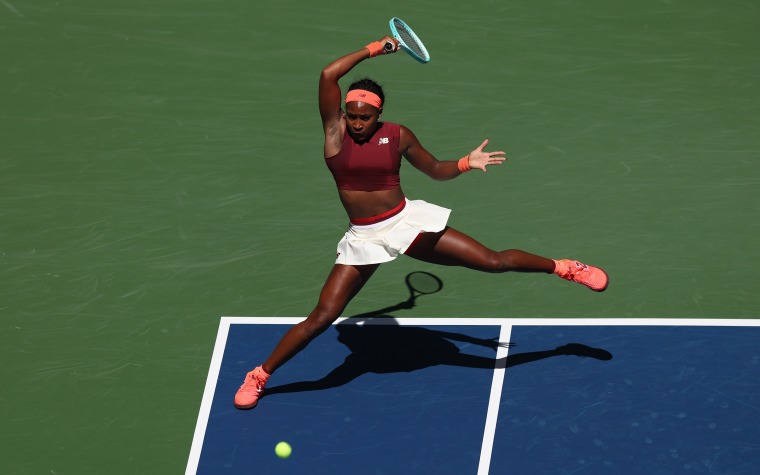 Coco Gauff plays a forehand to Magdalena Frech of Poland during their Women's Singles Third Round match on Day Seven of the 2025 US Open on August 30.