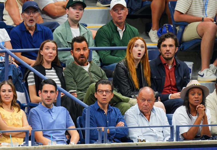 Justin Theroux, Nicole Brydon Bloom and Karen Gillan are seen at Day 7 of the 2025 US Open Tennis Championships on August 30.