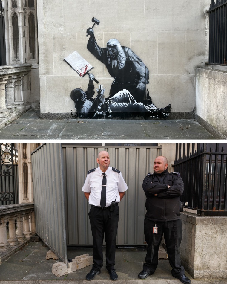 An artwork by Banksy outside the Royal Courts of Justice in London on Monday, top, and security guards standing in front of the concealed artwork later.