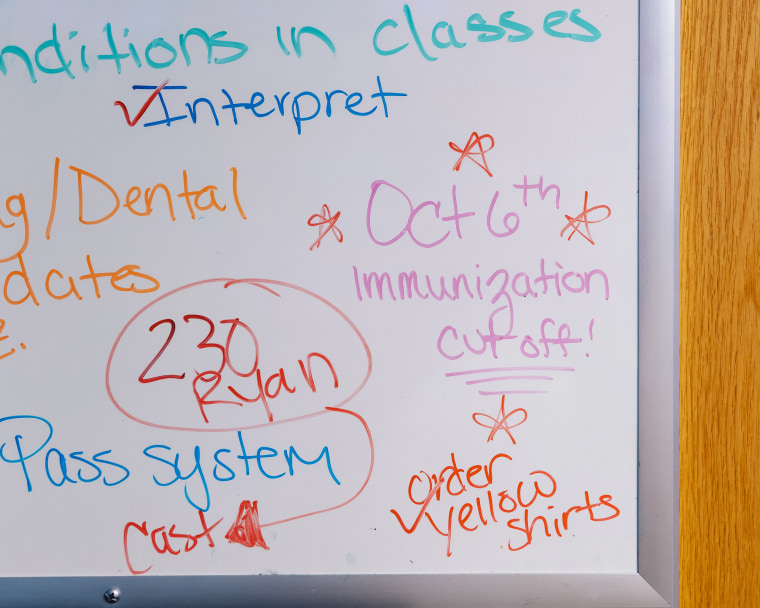 A dry erase board hangs in the office of Virginia Wilson at Premier Charter School in St. Louis, Mo., on Sept. 8, 2025.