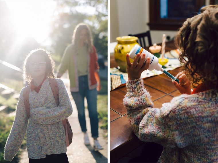 Side by side of Lucy Pratt walking to school with her mother and taking her medication at home.