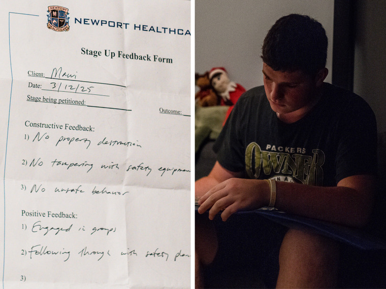 A split composite image of a document with writing on it, left, and Jonathan seated on his bed in his room flipping through a binder