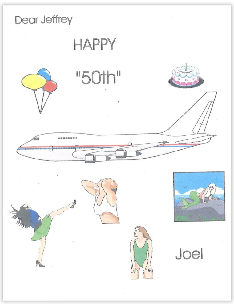 A document that reads "Dear Jeffrey, Happy "50th", Joel" and features illustrations of an airplane, balloons, a birthday cake, and women in various poses