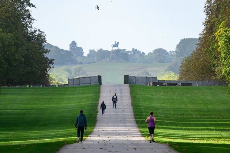 A steel security fence surrounds sections of the "Long Walk" on Sept. 15, 2025, ahead of the visit by President Donald Trump in Windsor, England. 