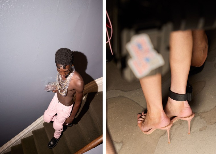 A model backstage; Anna "Delvey" Sorokin's ankle monitor (the convicted scammer is on house arrest while fighting deportation).