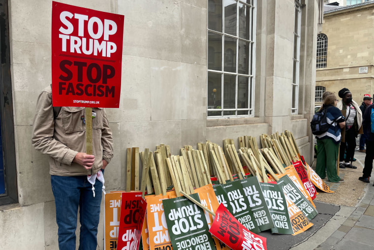 Protesters on Portland Place in central London today.