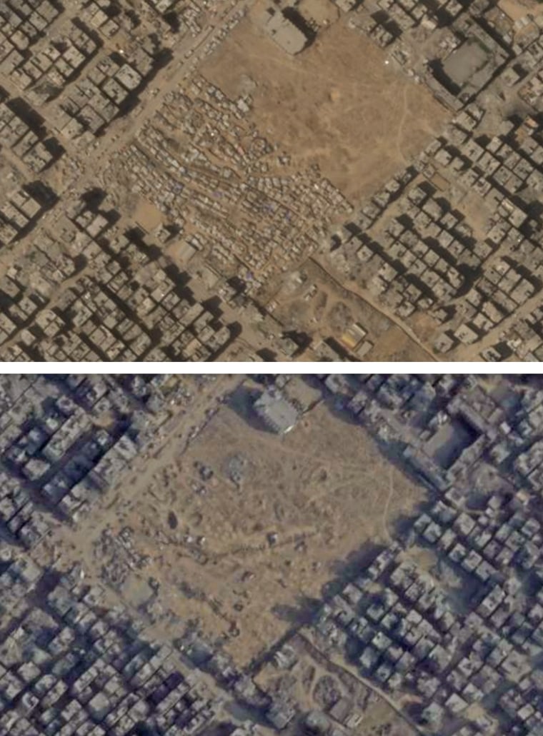 A refugee camp near Al-Furqan Mosque in Gaza City's Sheik Radwan district, seen on Sept. 2 and Sept. 16.
