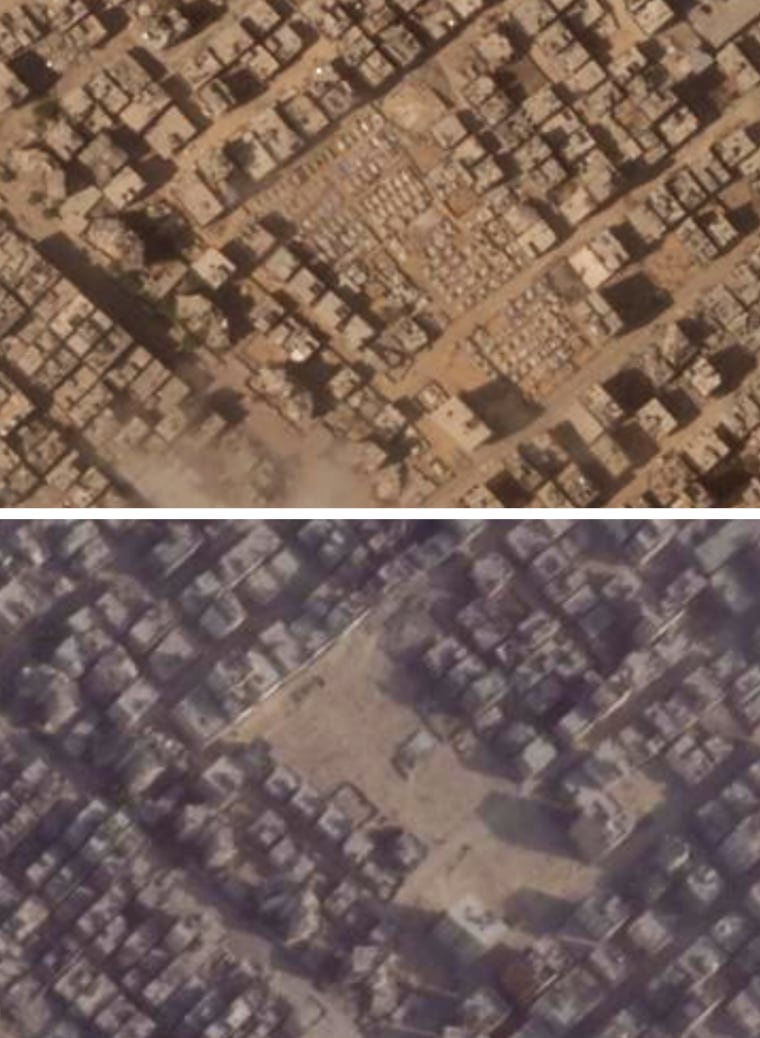 A refugee camp on Salah Khalaf Street in Gaza on Sept. 2 and Sept. 16.