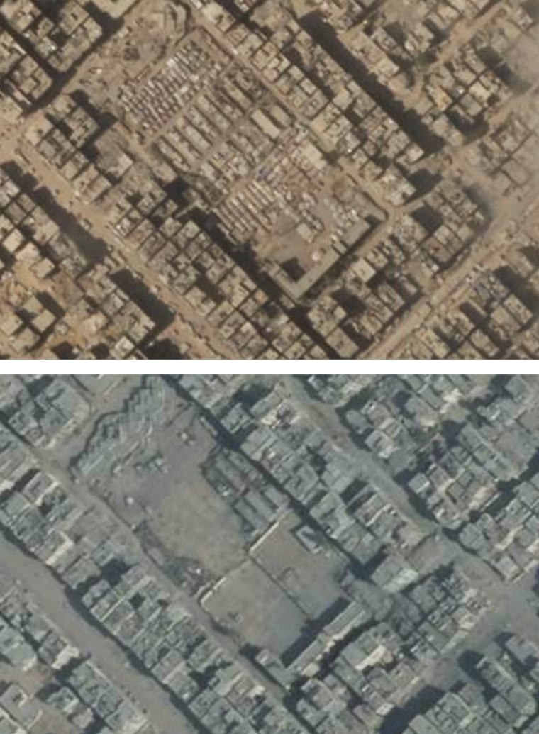 A refugee camp in the Sheik Radwan market parking lot, on Sept. 2 and Sept. 16.