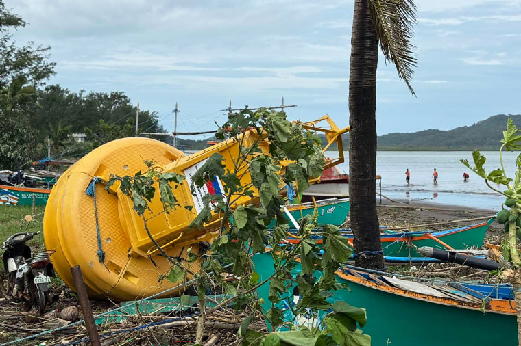 A navigational buoy is washed ashore