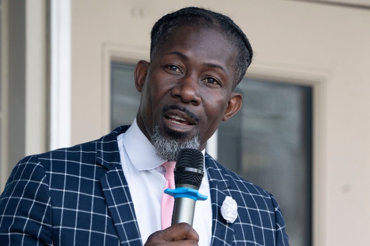 Ian Andre Roberts speaking at a rally.