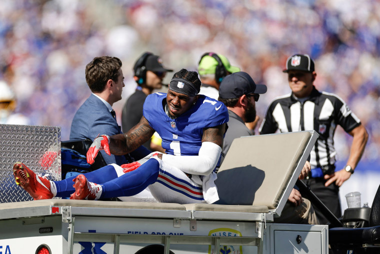 Malik Nabers is driven off the field with an injury