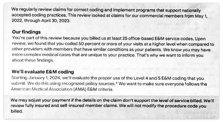 An Aetna evaluation of coding letter sent in October 2023.