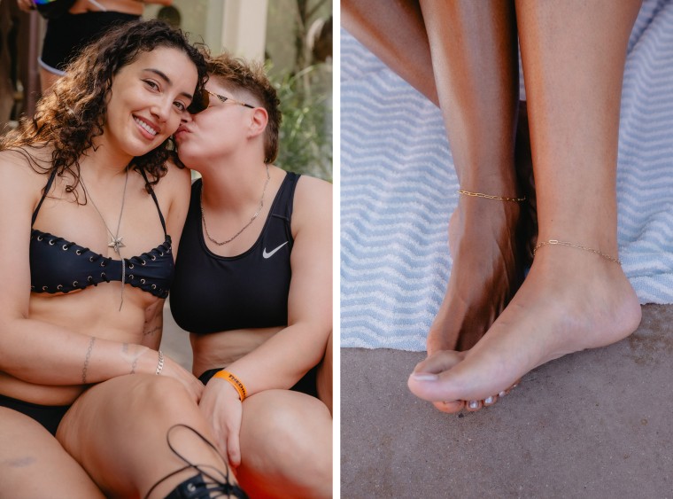 Left, Hannah Ibañez, 34, and Chelsea Reeves, 33, at their first Dinah. Right, Kayla and Barbara's feet and matching anklets.