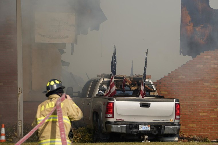 The vehicle that was rammed into the Church of Jesus Christ of Latter-day Saints in Grand Blanc, Mich., Sunday, Sept. 28, 2025.