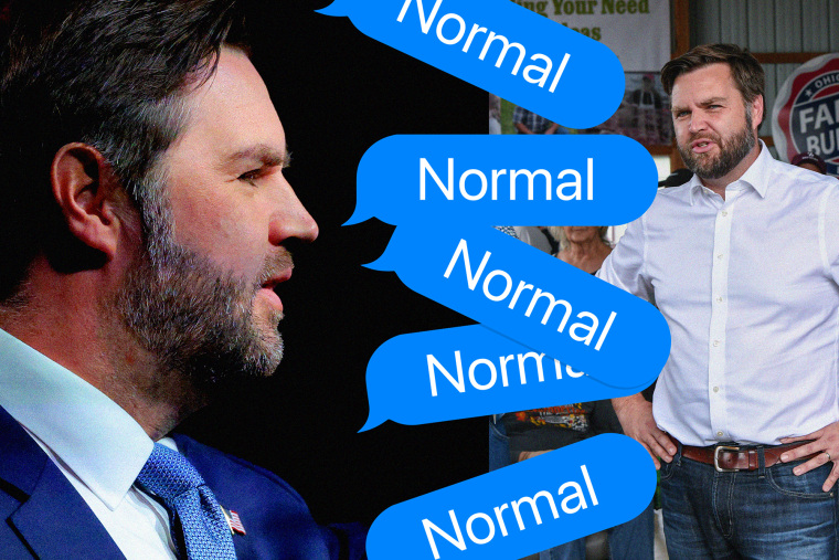 Foto-illustratie van JD Vance bedekt met tekst die leest "Normaal"