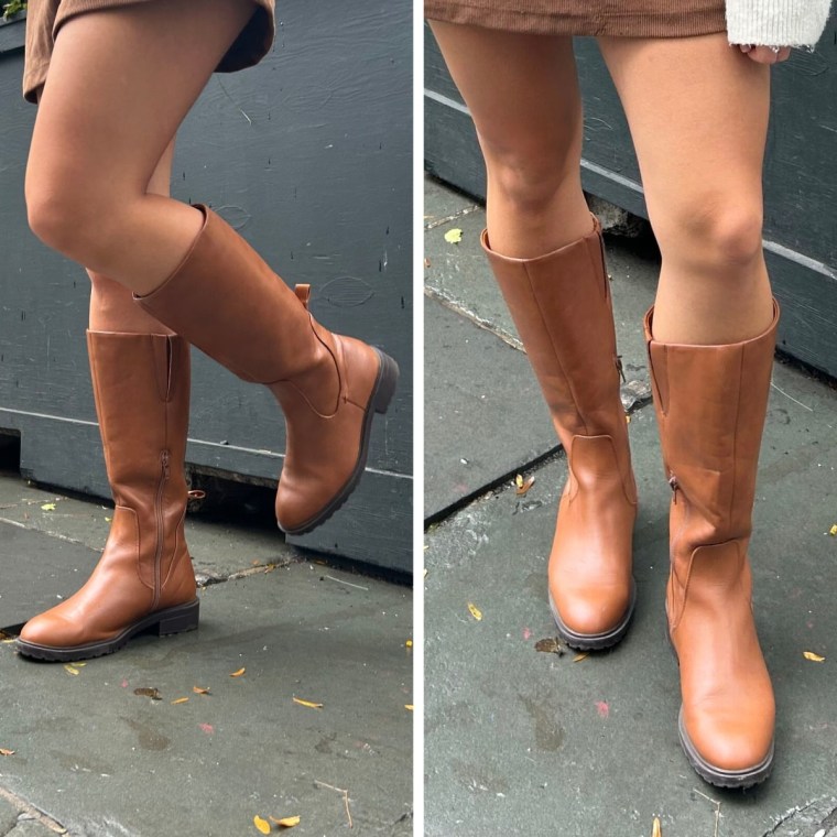 Wearing Amazon Essentials Women’s Knee High Riding Boot in Light Brown on the street