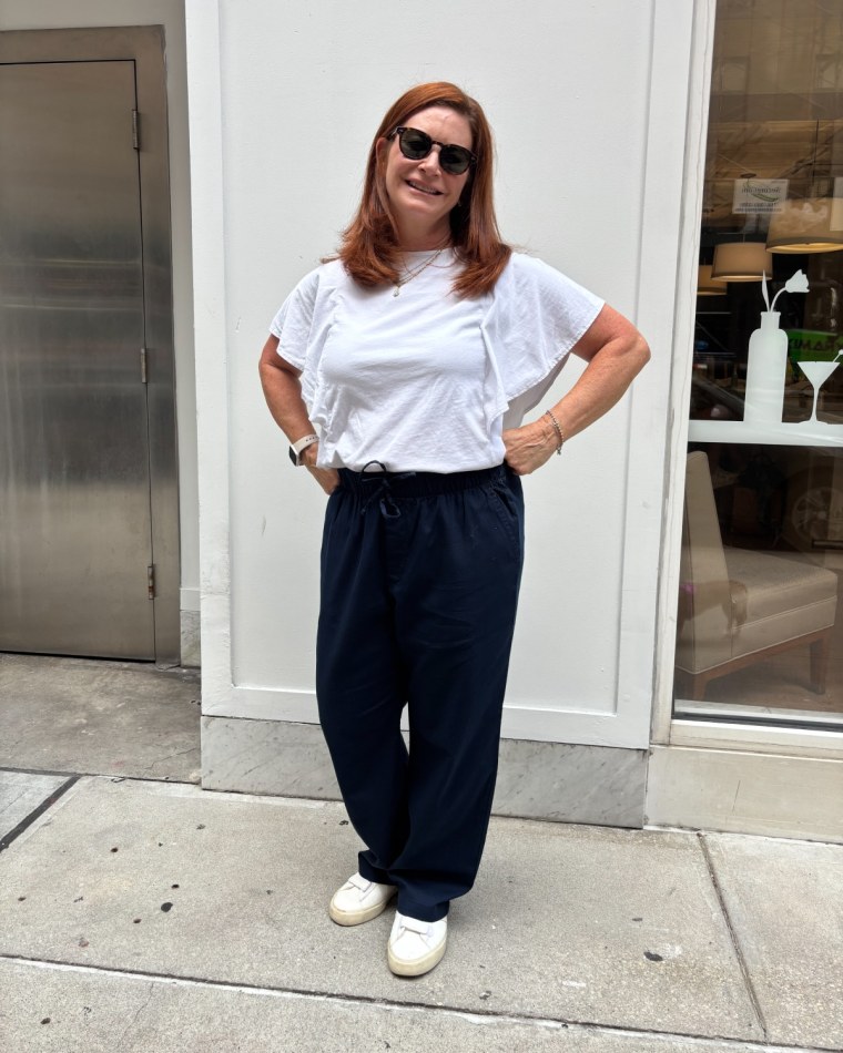 Rachel Malin models the Gap Easy Pant.
