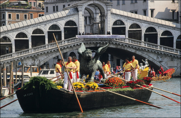 restoration of the Lion of St. Mark's square in Venice, Italy on April 10, 1991.