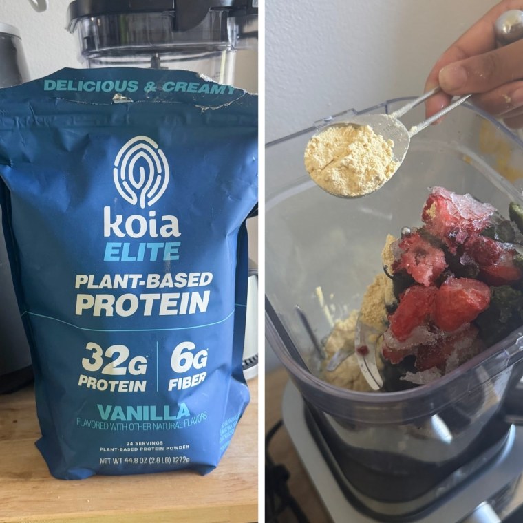 On the left side, Koia Protein Powder on top of a kitchen counter; On the right side, a spoonful of Koia protein powder above a blender.