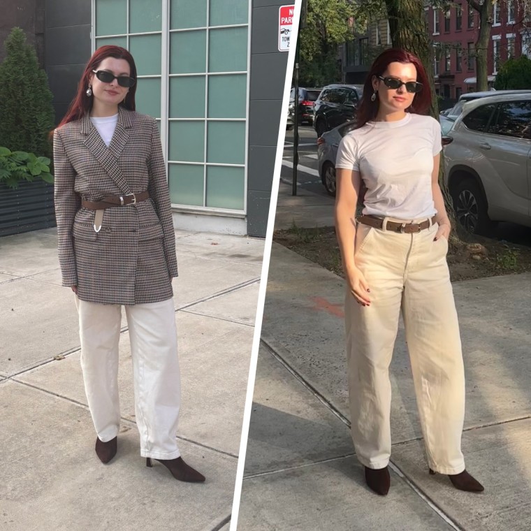 Production associate Audrey Ekman styles the Risantry Faux Leather Belt two ways for fall.