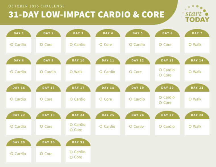 Start TODAY low-impact cardio and core workout calendar